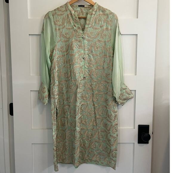 Agha Noor Embroidered Pearl Accents Chiffon Light Green Pistachio Top Sz Medium - Picture 1 of 10